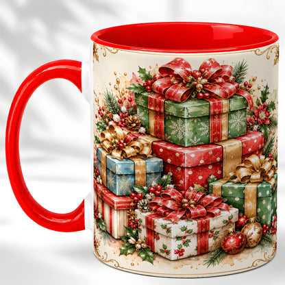 Vintage Christmas Presents Coffee Mug, Gold Bow Holiday Mug, Ceramic Cup