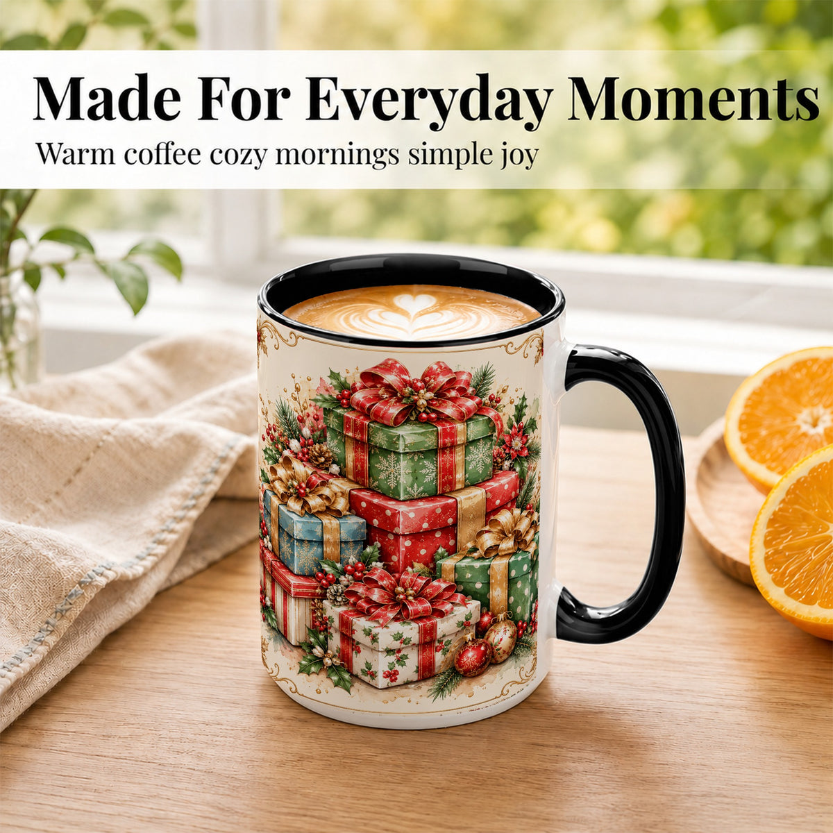 #pl[15oz|Black] Vintage Christmas Presents Coffee Mug, Gold Bow Holiday Mug, Ceramic Cup