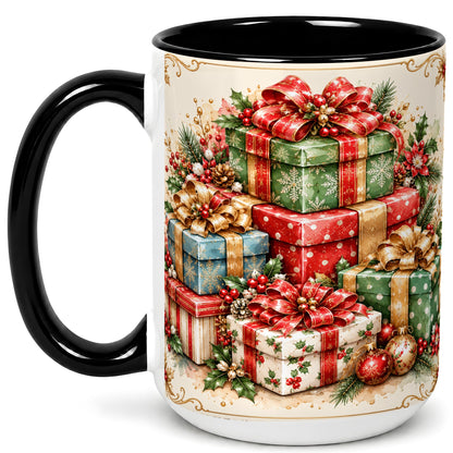 #pl[15oz|Black] Vintage Christmas Presents Coffee Mug, Gold Bow Holiday Mug, Ceramic Cup