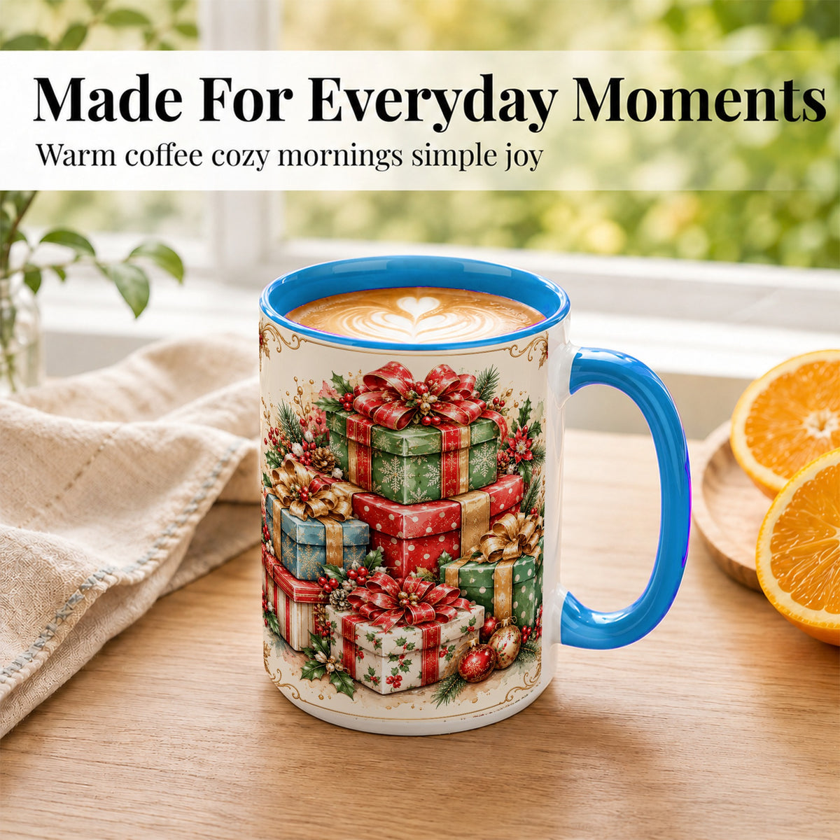 #pl[15oz|Blue] Vintage Christmas Presents Coffee Mug, Gold Bow Holiday Mug, Ceramic Cup