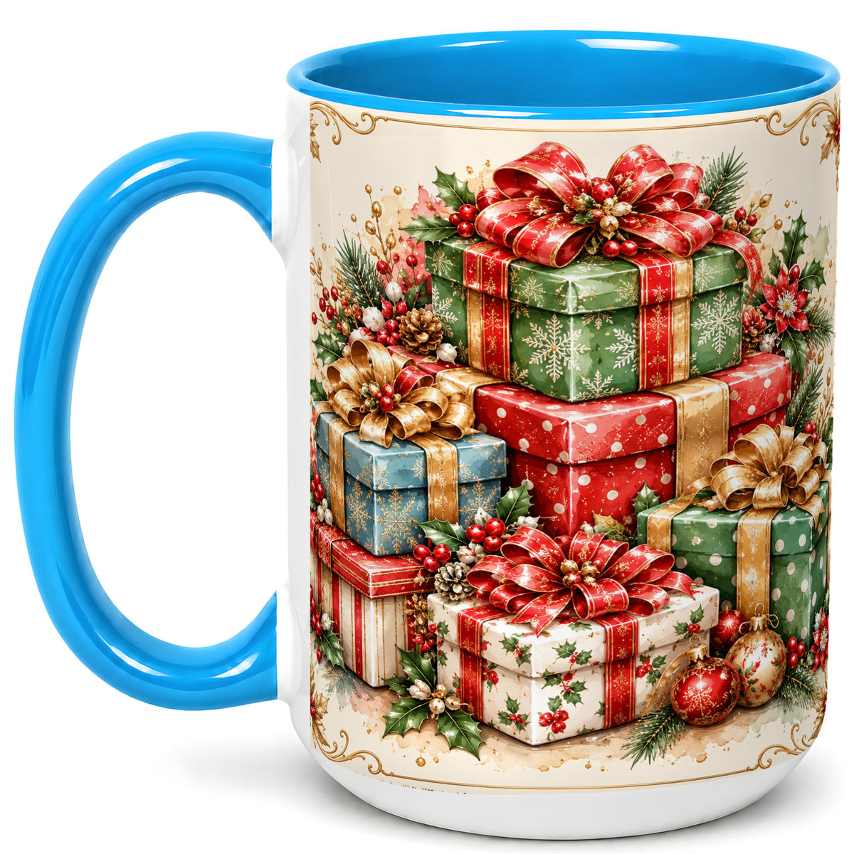 #pl[15oz|Blue] Vintage Christmas Presents Coffee Mug, Gold Bow Holiday Mug, Ceramic Cup