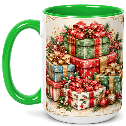 #pl[15oz|Green] Vintage Christmas Presents Coffee Mug, Gold Bow Holiday Mug, Ceramic Cup