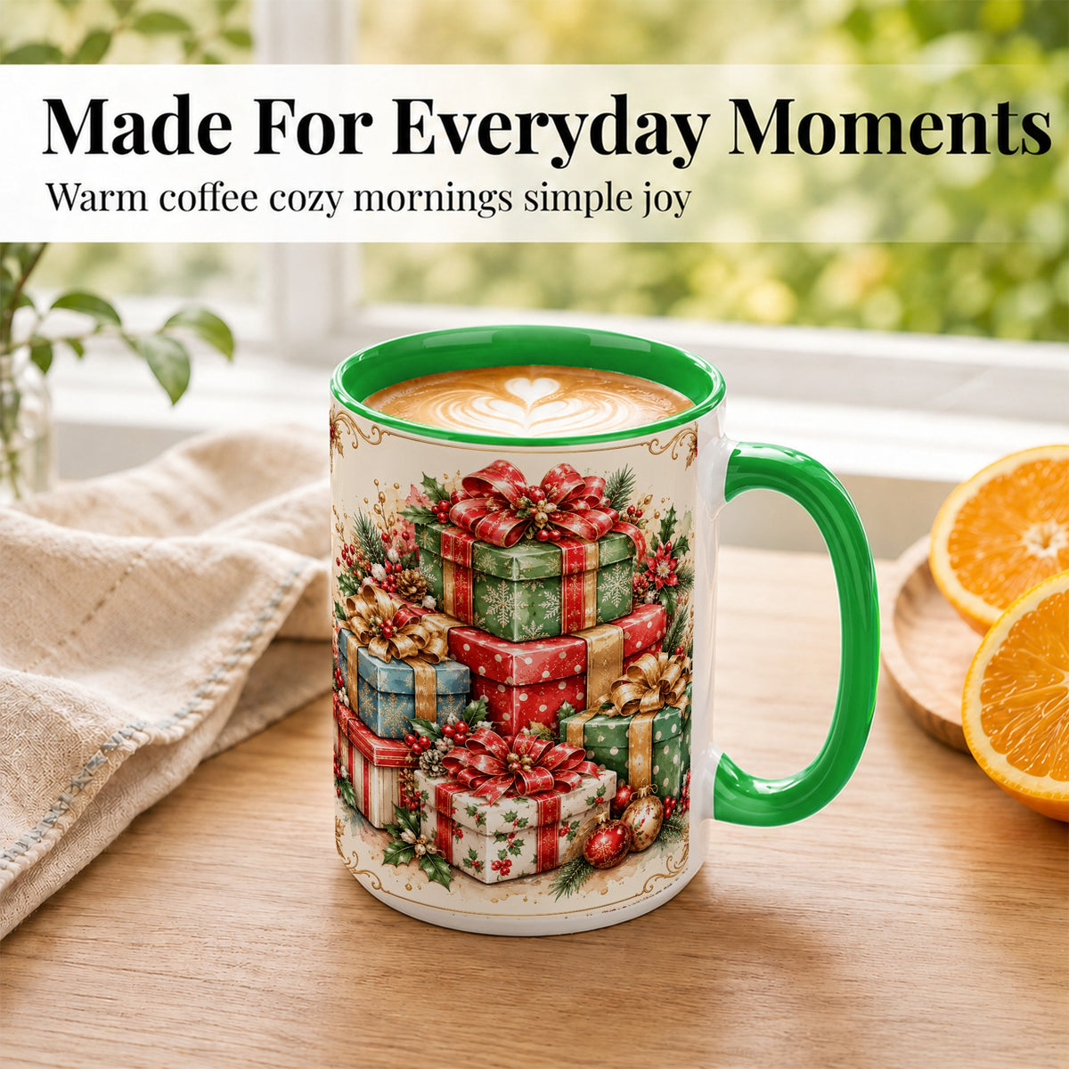 #pl[15oz|Green] Vintage Christmas Presents Coffee Mug, Gold Bow Holiday Mug, Ceramic Cup