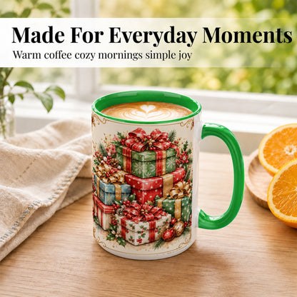 #pl[15oz|Green] Vintage Christmas Presents Coffee Mug, Gold Bow Holiday Mug, Ceramic Cup