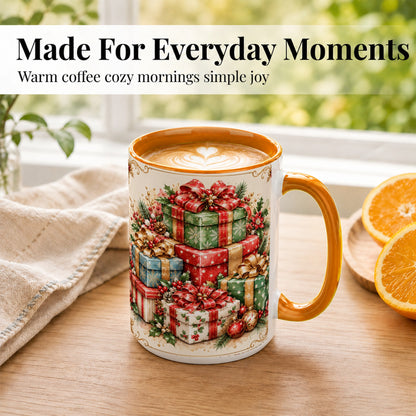 #pl[15oz|Orange] Vintage Christmas Presents Coffee Mug, Gold Bow Holiday Mug, Ceramic Cup