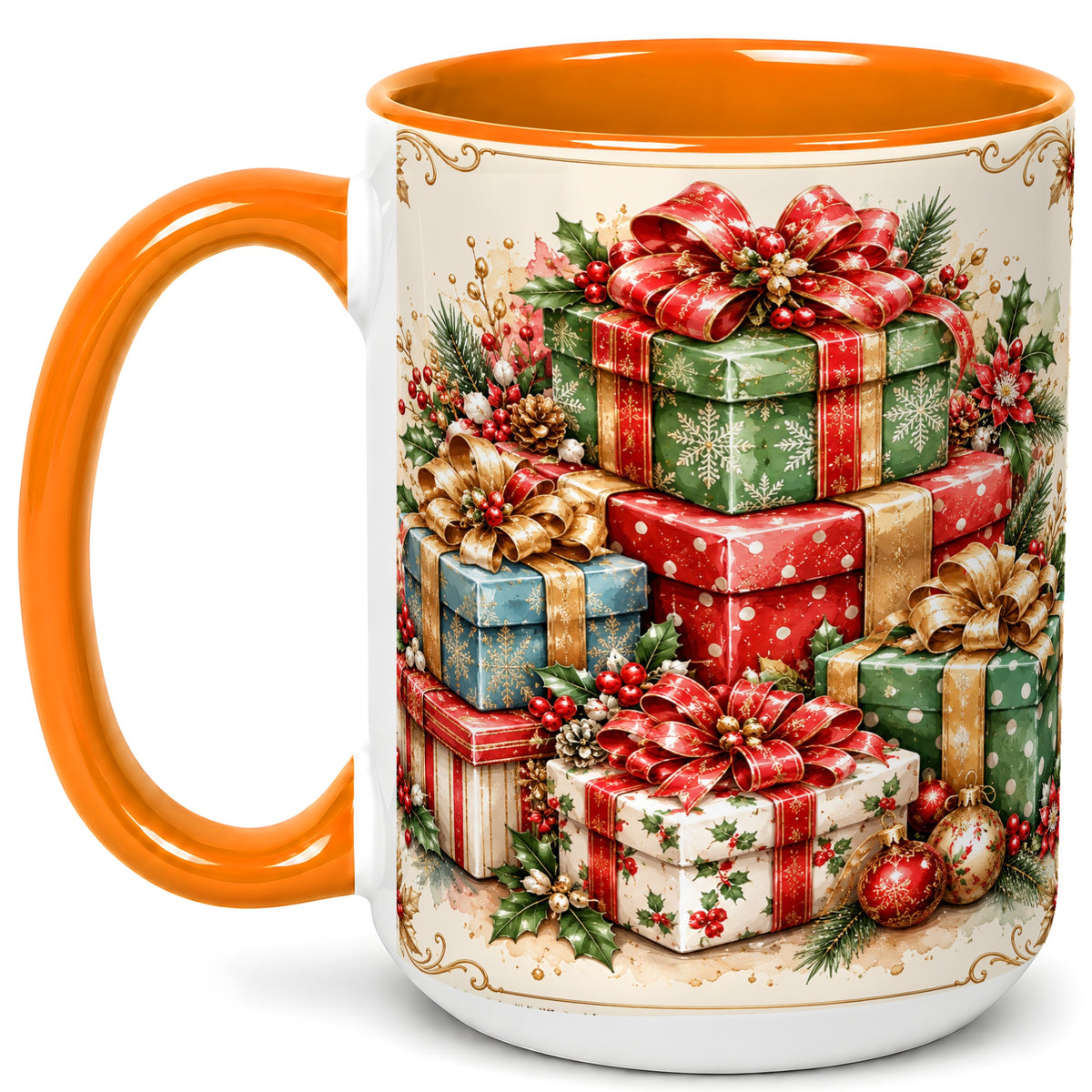 #pl[15oz|Orange] Vintage Christmas Presents Coffee Mug, Gold Bow Holiday Mug, Ceramic Cup