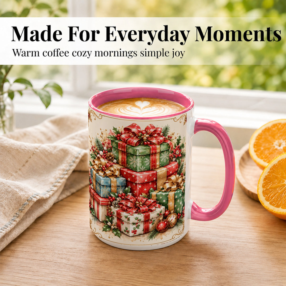#pl[15oz|Pink] Vintage Christmas Presents Coffee Mug, Gold Bow Holiday Mug, Ceramic Cup
