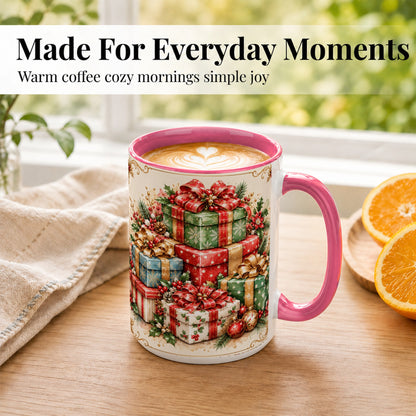 #pl[15oz|Pink] Vintage Christmas Presents Coffee Mug, Gold Bow Holiday Mug, Ceramic Cup