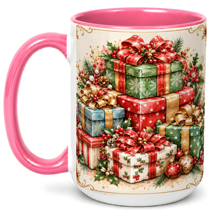 #pl[15oz|Pink] Vintage Christmas Presents Coffee Mug, Gold Bow Holiday Mug, Ceramic Cup
