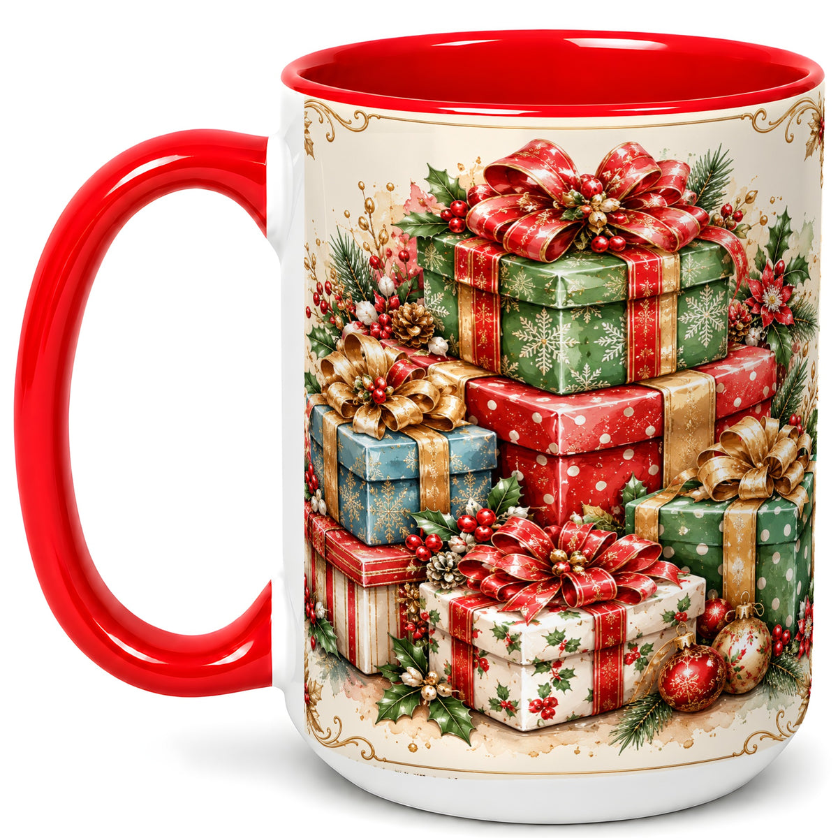 #pl[15oz|Red] Vintage Christmas Presents Coffee Mug, Gold Bow Holiday Mug, Ceramic Cup