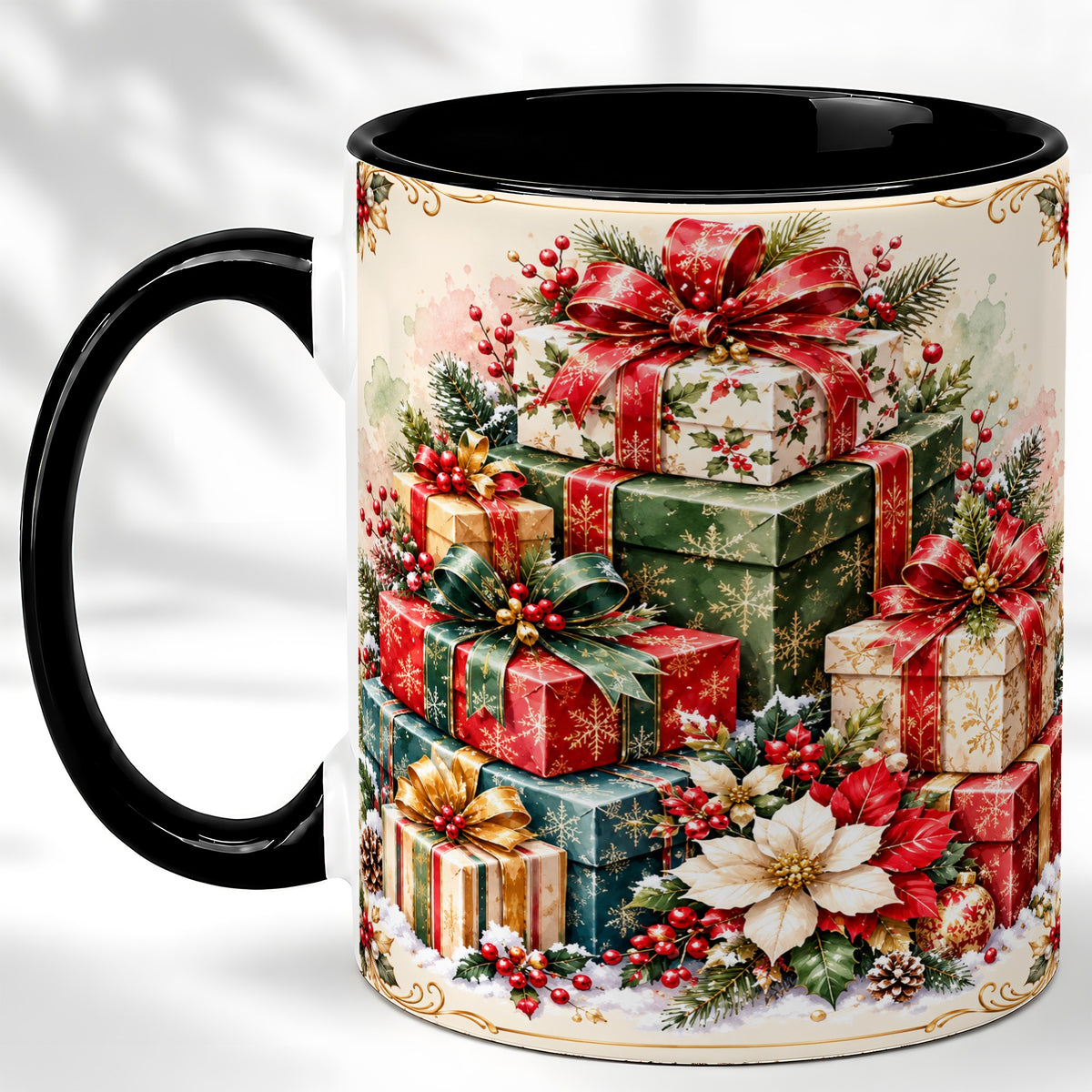 #pl[11oz|Black] Christmas Presents Coffee Mug, Holiday Gift Boxes Mug, Ceramic Cup