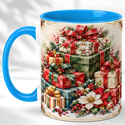 #pl[11oz|Blue] Christmas Presents Coffee Mug, Holiday Gift Boxes Mug, Ceramic Cup