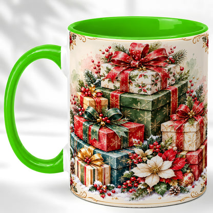 #pl[11oz|Green] Christmas Presents Coffee Mug, Holiday Gift Boxes Mug, Ceramic Cup