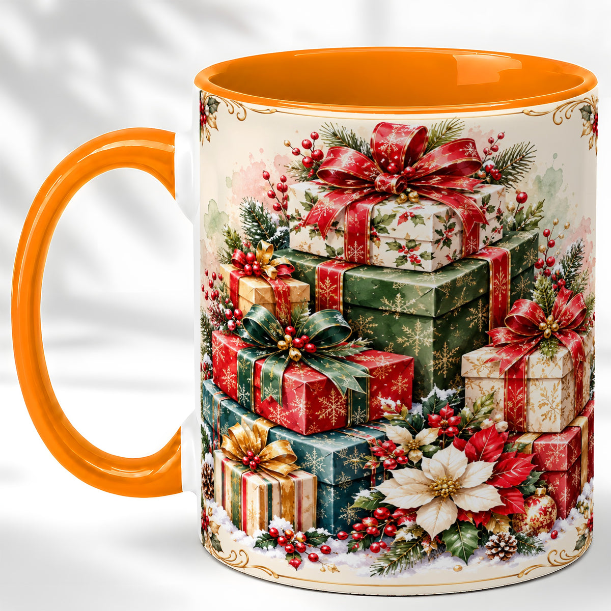 #pl[11oz|Orange] Christmas Presents Coffee Mug, Holiday Gift Boxes Mug, Ceramic Cup