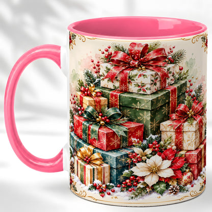 #pl[11oz|Pink] Christmas Presents Coffee Mug, Holiday Gift Boxes Mug, Ceramic Cup