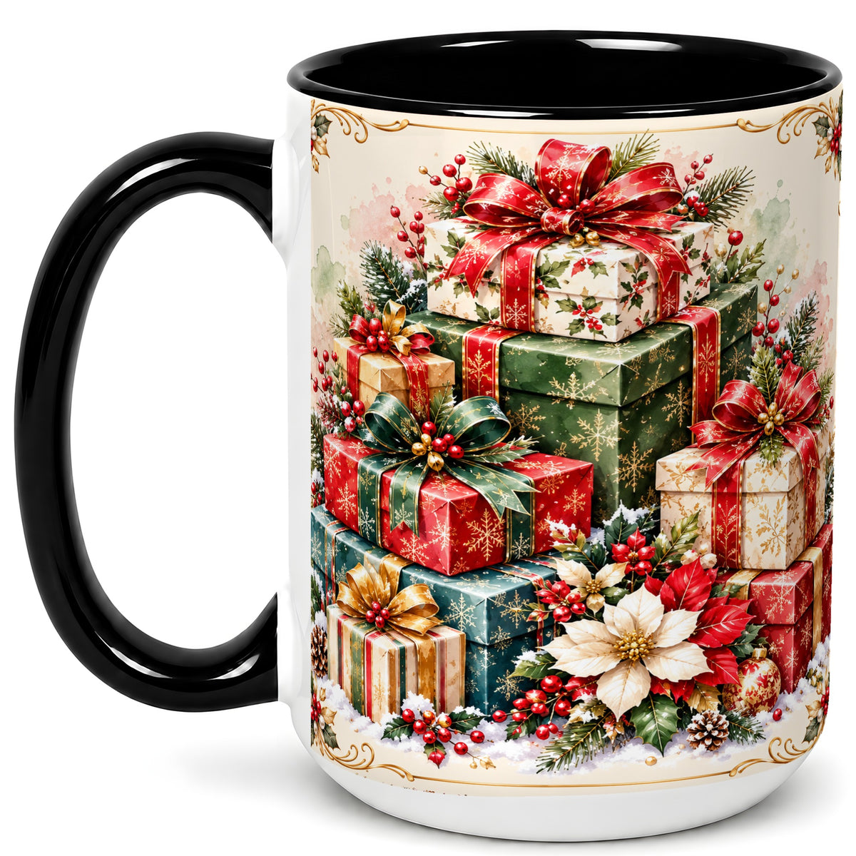 #pl[15oz|Black] Christmas Presents Coffee Mug, Holiday Gift Boxes Mug, Ceramic Cup