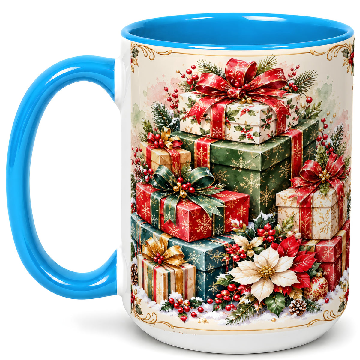 #pl[15oz|Blue] Christmas Presents Coffee Mug, Holiday Gift Boxes Mug, Ceramic Cup