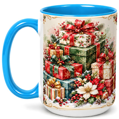 #pl[15oz|Blue] Christmas Presents Coffee Mug, Holiday Gift Boxes Mug, Ceramic Cup