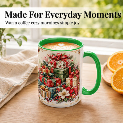 #pl[15oz|Green] Christmas Presents Coffee Mug, Holiday Gift Boxes Mug, Ceramic Cup