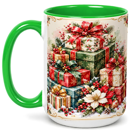 #pl[15oz|Green] Christmas Presents Coffee Mug, Holiday Gift Boxes Mug, Ceramic Cup