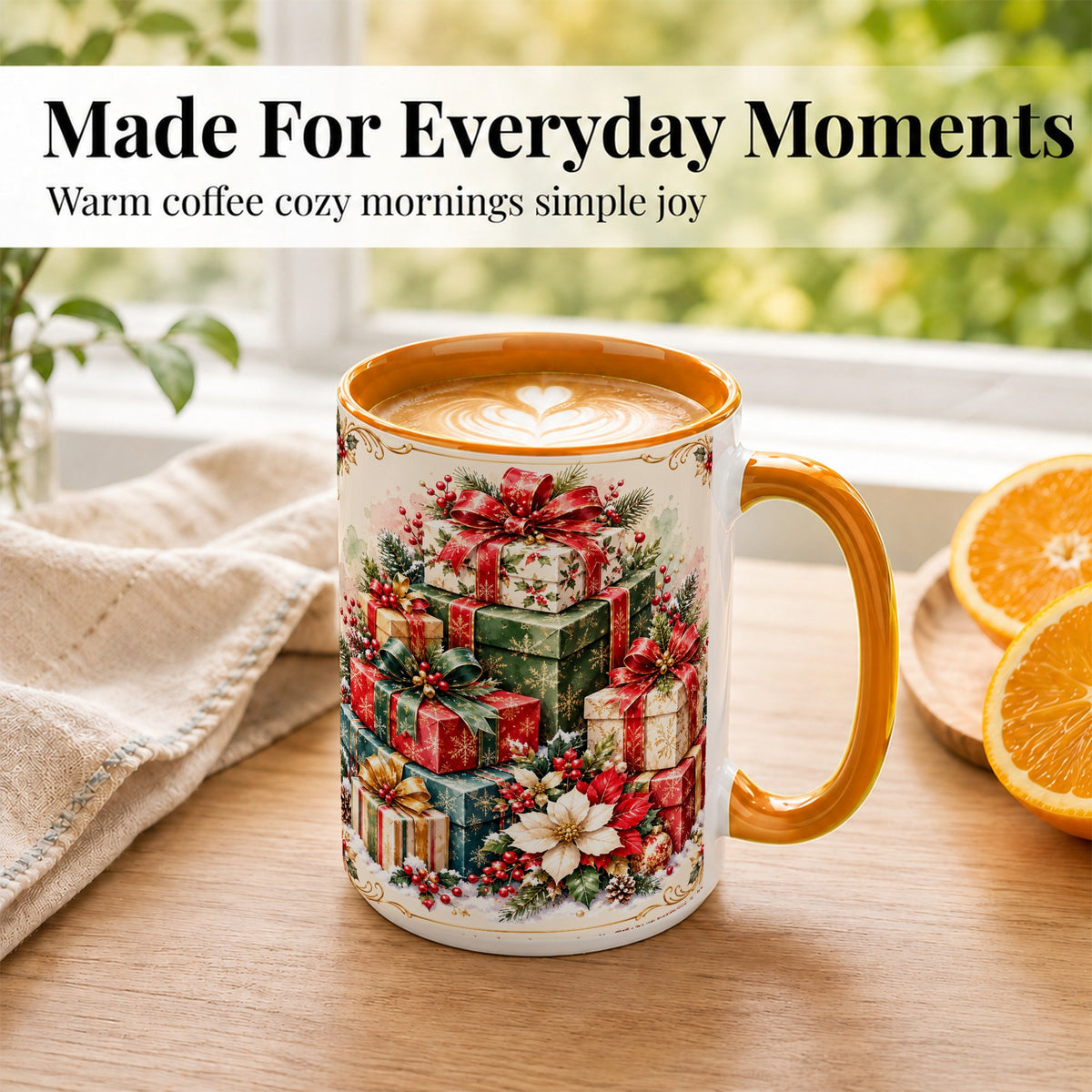 #pl[15oz|Orange] Christmas Presents Coffee Mug, Holiday Gift Boxes Mug, Ceramic Cup