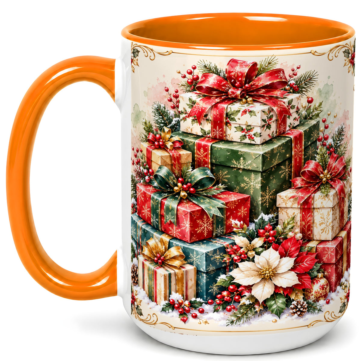 #pl[15oz|Orange] Christmas Presents Coffee Mug, Holiday Gift Boxes Mug, Ceramic Cup