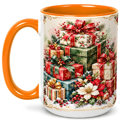 #pl[15oz|Orange] Christmas Presents Coffee Mug, Holiday Gift Boxes Mug, Ceramic Cup