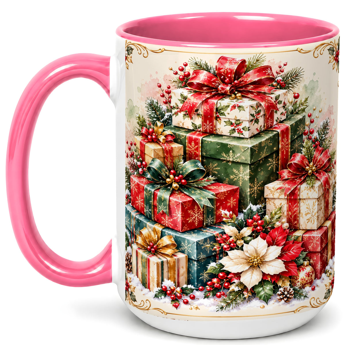 #pl[15oz|Pink] Christmas Presents Coffee Mug, Holiday Gift Boxes Mug, Ceramic Cup