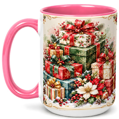 #pl[15oz|Pink] Christmas Presents Coffee Mug, Holiday Gift Boxes Mug, Ceramic Cup