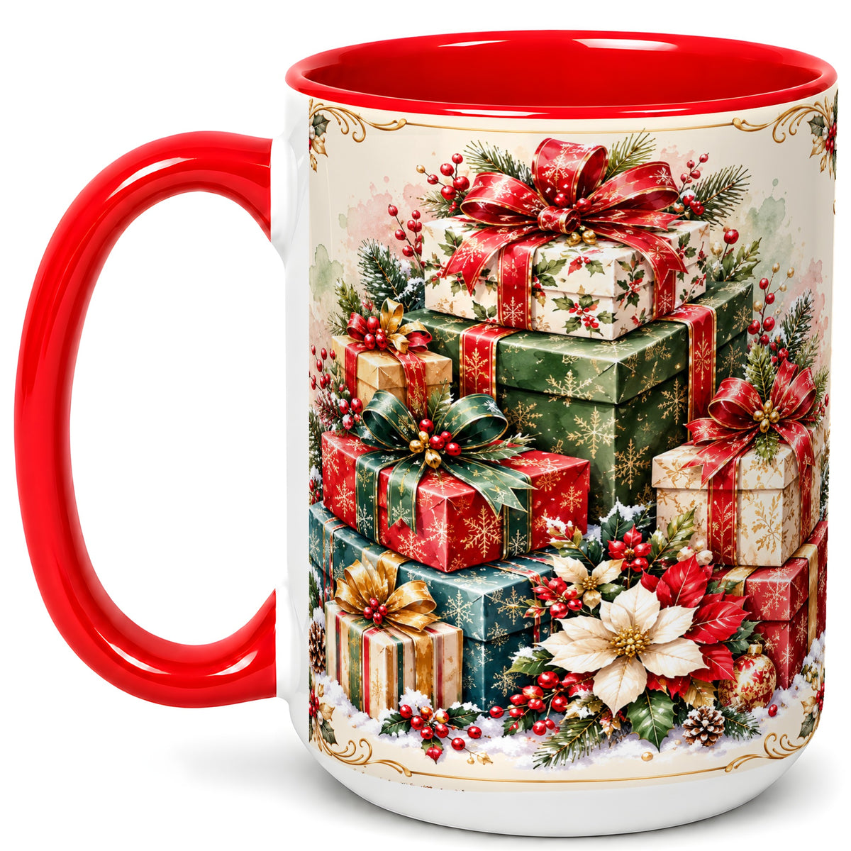 #pl[15oz|Red] Christmas Presents Coffee Mug, Holiday Gift Boxes Mug, Ceramic Cup