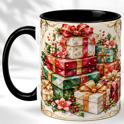 #pl[11oz|Black] Christmas Gift Boxes Coffee Mug, Jewel Style Holiday Mug, Ceramic Cup