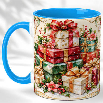 #pl[11oz|Blue] Christmas Gift Boxes Coffee Mug, Jewel Style Holiday Mug, Ceramic Cup