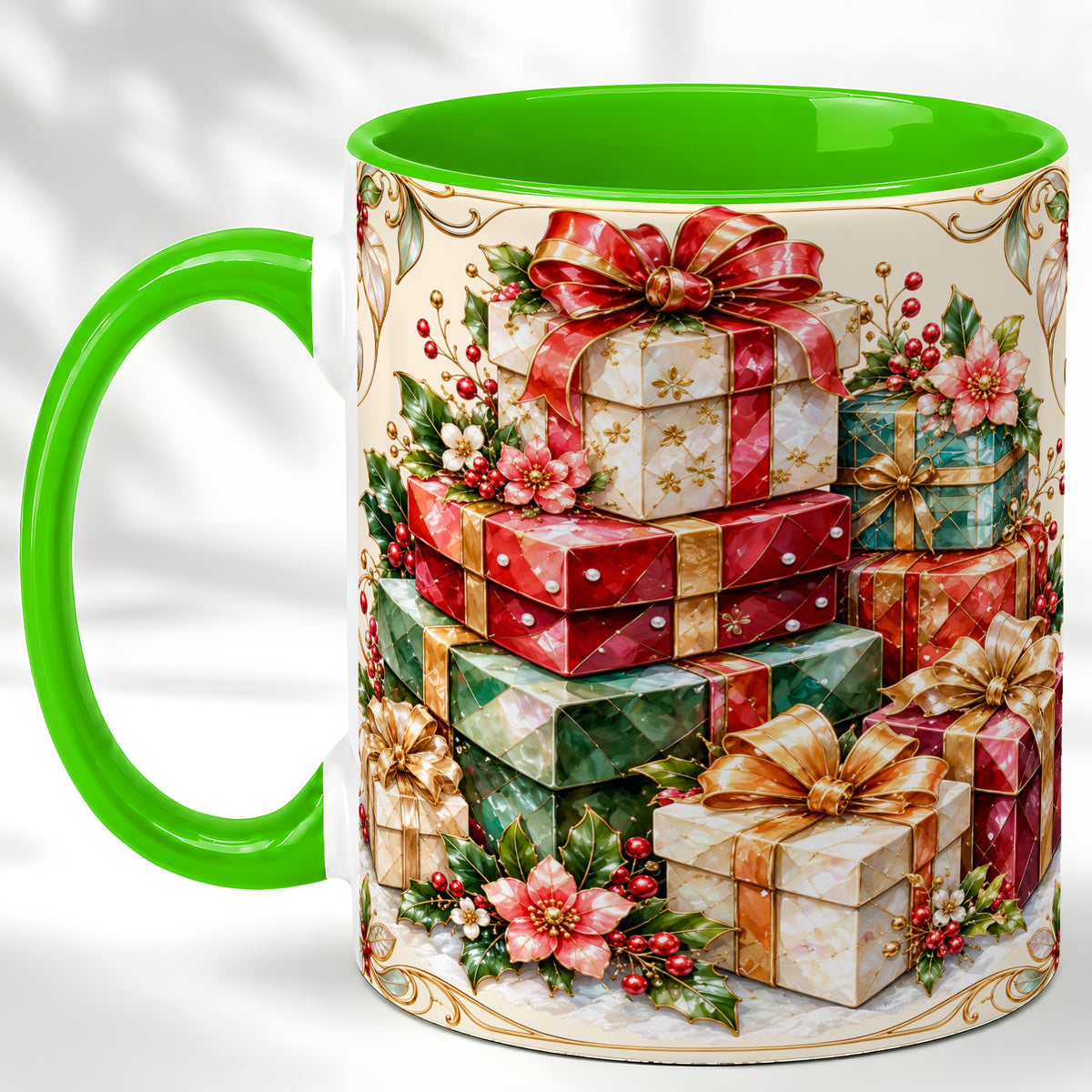 #pl[11oz|Green] Christmas Gift Boxes Coffee Mug, Jewel Style Holiday Mug, Ceramic Cup