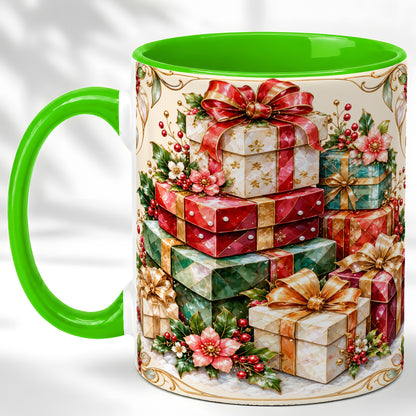 #pl[11oz|Green] Christmas Gift Boxes Coffee Mug, Jewel Style Holiday Mug, Ceramic Cup