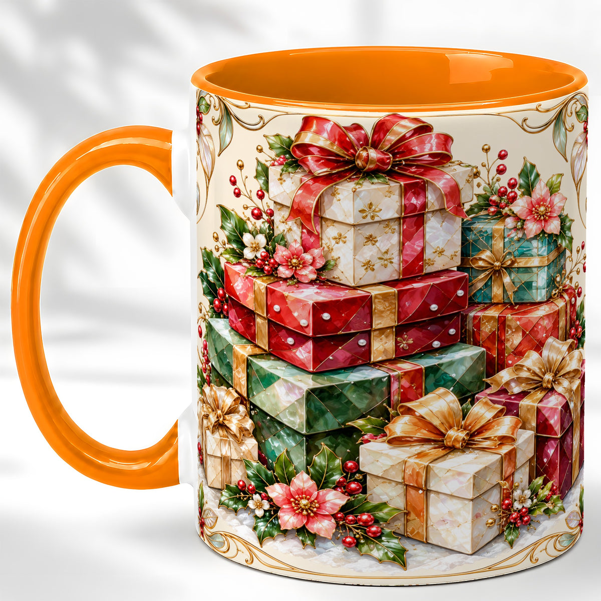 #pl[11oz|Orange] Christmas Gift Boxes Coffee Mug, Jewel Style Holiday Mug, Ceramic Cup