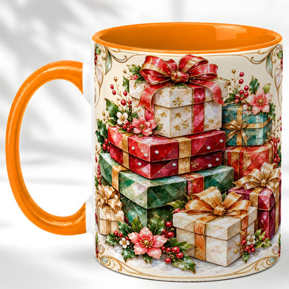 #pl[11oz|Orange] Christmas Gift Boxes Coffee Mug, Jewel Style Holiday Mug, Ceramic Cup