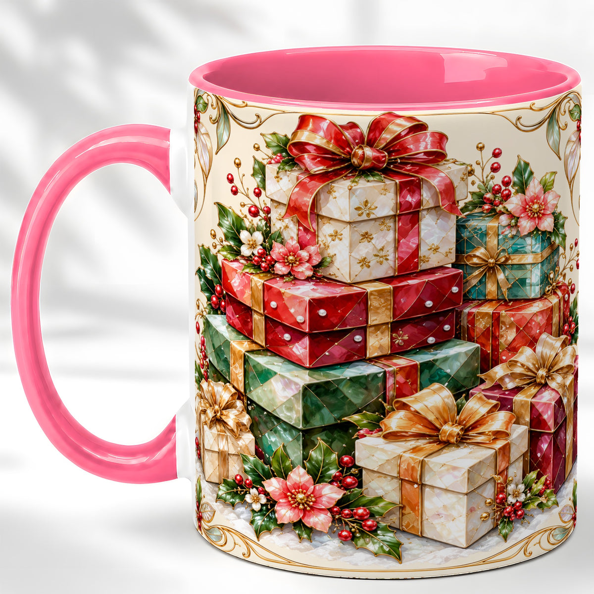 #pl[11oz|Pink] Christmas Gift Boxes Coffee Mug, Jewel Style Holiday Mug, Ceramic Cup