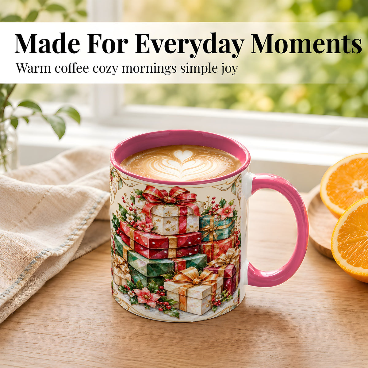 #pl[11oz|Pink] Christmas Gift Boxes Coffee Mug, Jewel Style Holiday Mug, Ceramic Cup