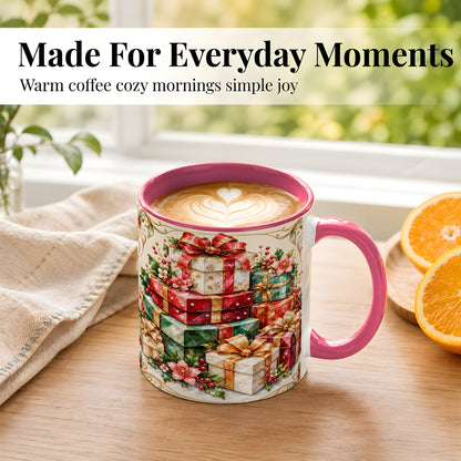 #pl[11oz|Pink] Christmas Gift Boxes Coffee Mug, Jewel Style Holiday Mug, Ceramic Cup