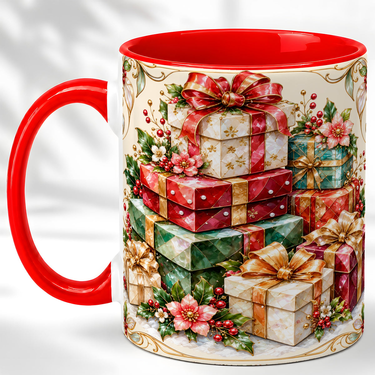 Christmas Gift Boxes Coffee Mug, Jewel Style Holiday Mug, Ceramic Cup