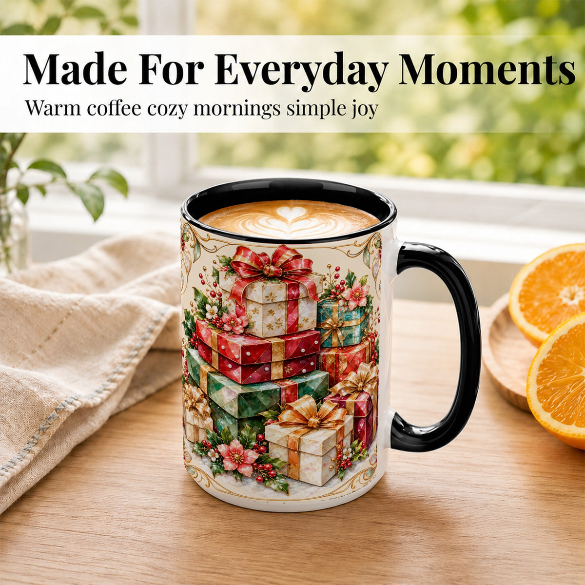 #pl[15oz|Black] Christmas Gift Boxes Coffee Mug, Jewel Style Holiday Mug, Ceramic Cup