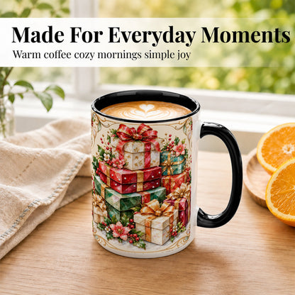 #pl[15oz|Black] Christmas Gift Boxes Coffee Mug, Jewel Style Holiday Mug, Ceramic Cup