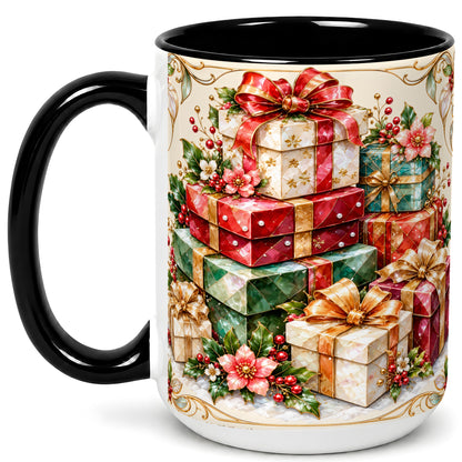 #pl[15oz|Black] Christmas Gift Boxes Coffee Mug, Jewel Style Holiday Mug, Ceramic Cup