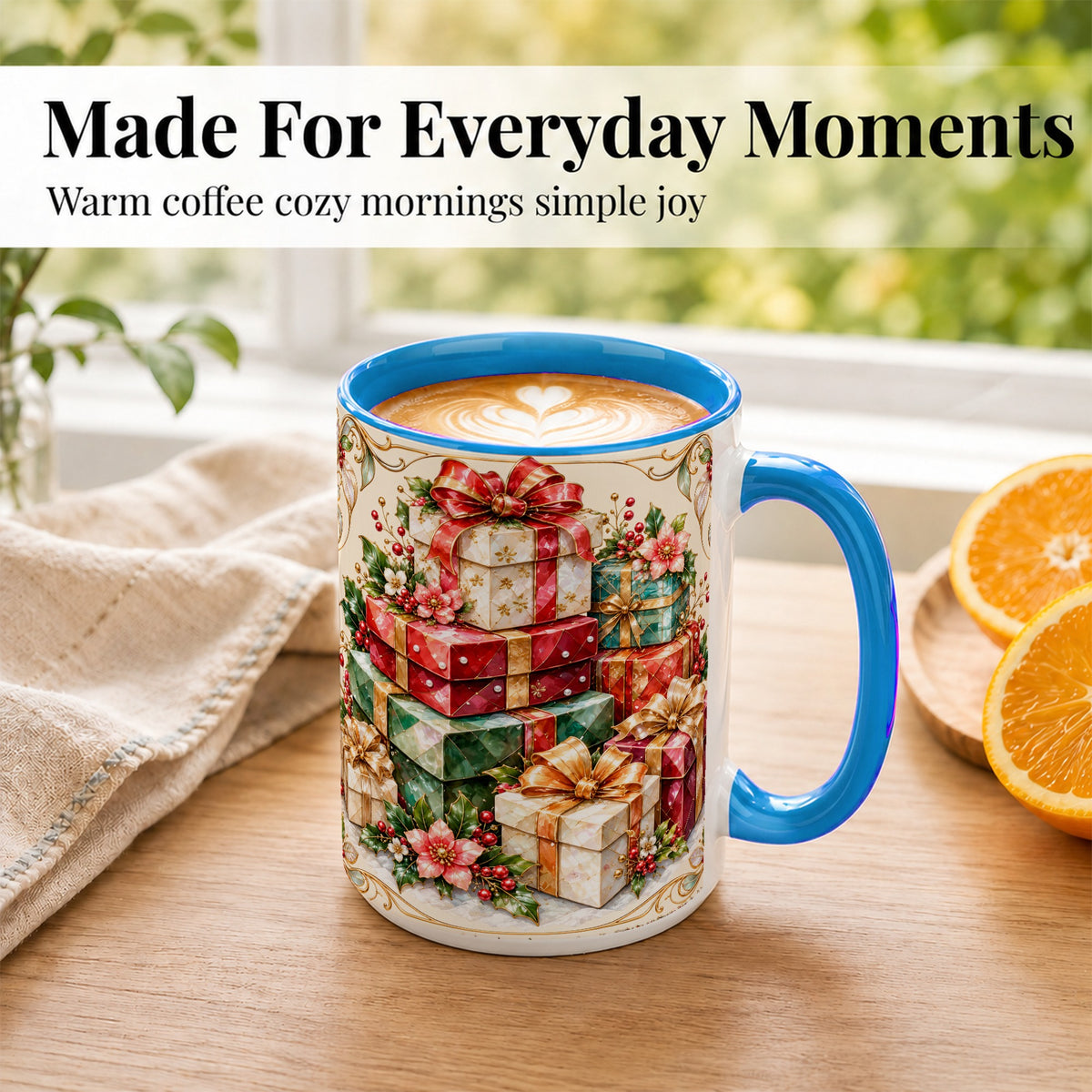 #pl[15oz|Blue] Christmas Gift Boxes Coffee Mug, Jewel Style Holiday Mug, Ceramic Cup