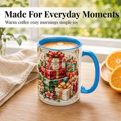#pl[15oz|Blue] Christmas Gift Boxes Coffee Mug, Jewel Style Holiday Mug, Ceramic Cup