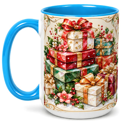 #pl[15oz|Blue] Christmas Gift Boxes Coffee Mug, Jewel Style Holiday Mug, Ceramic Cup