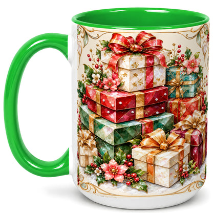 #pl[15oz|Green] Christmas Gift Boxes Coffee Mug, Jewel Style Holiday Mug, Ceramic Cup