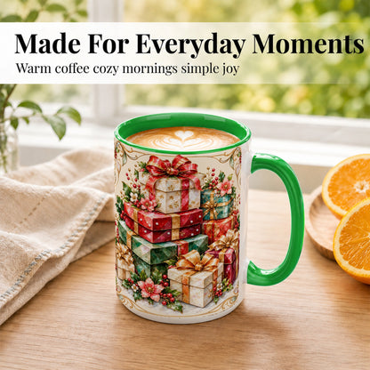 #pl[15oz|Green] Christmas Gift Boxes Coffee Mug, Jewel Style Holiday Mug, Ceramic Cup