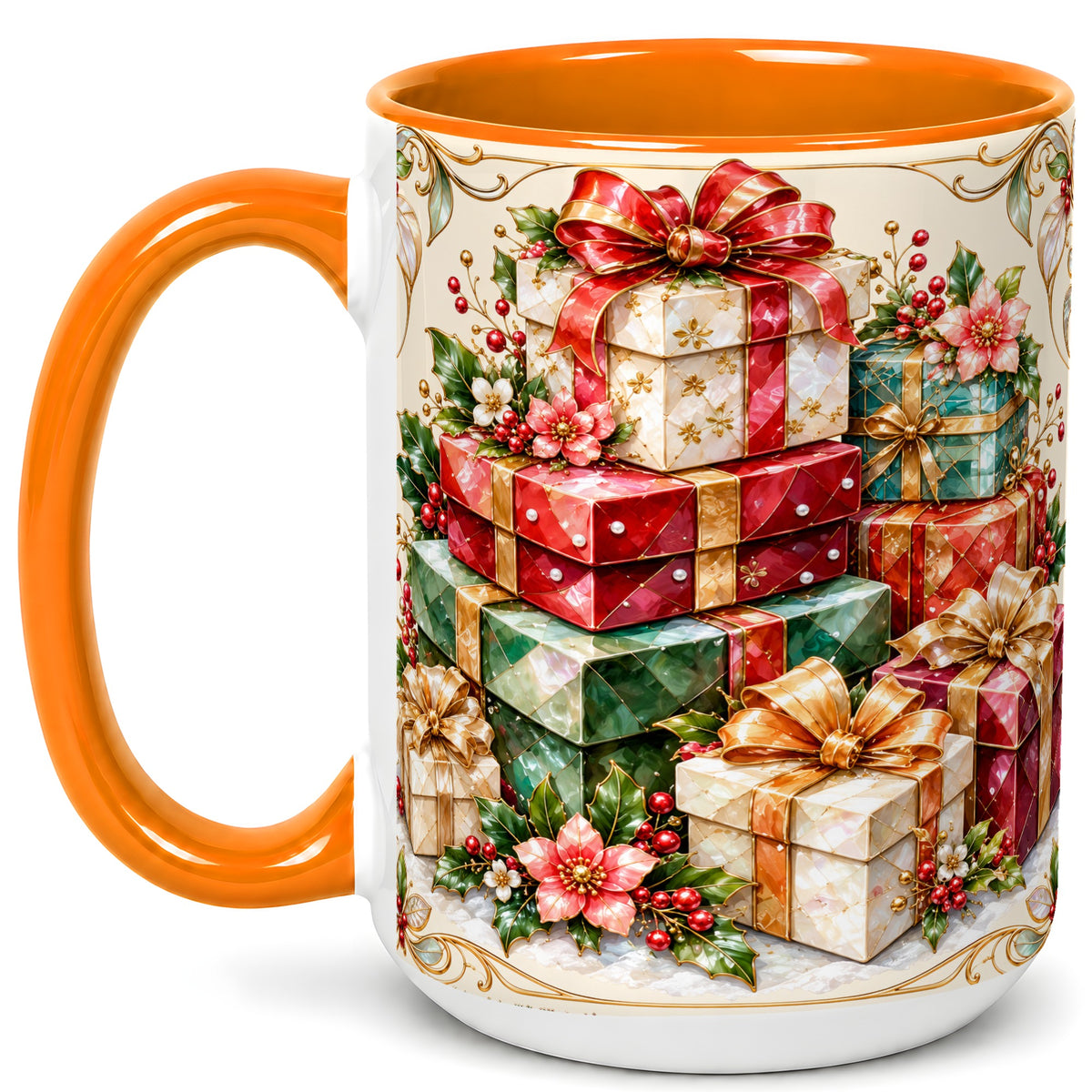 #pl[15oz|Orange] Christmas Gift Boxes Coffee Mug, Jewel Style Holiday Mug, Ceramic Cup