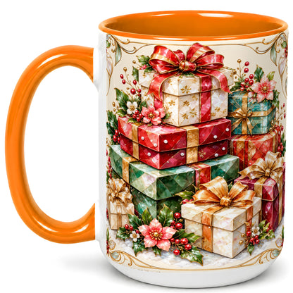 #pl[15oz|Orange] Christmas Gift Boxes Coffee Mug, Jewel Style Holiday Mug, Ceramic Cup